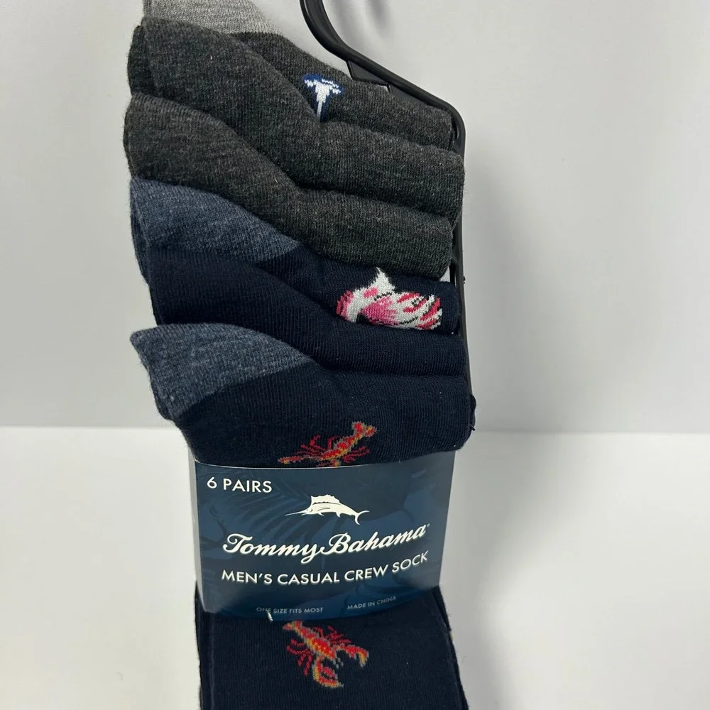 Tommy Bahama Mens 6 Pairs Casual Crew Socks One Size Lobster Palm Tree Navy Gray